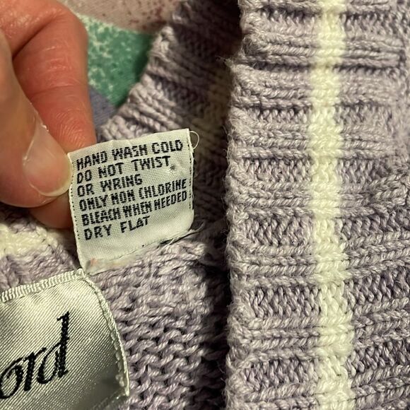 Silvercord Sweater Vintage Knit V Neck Stripe Cotton Blend Purple White Large - Picture 8 of 10
